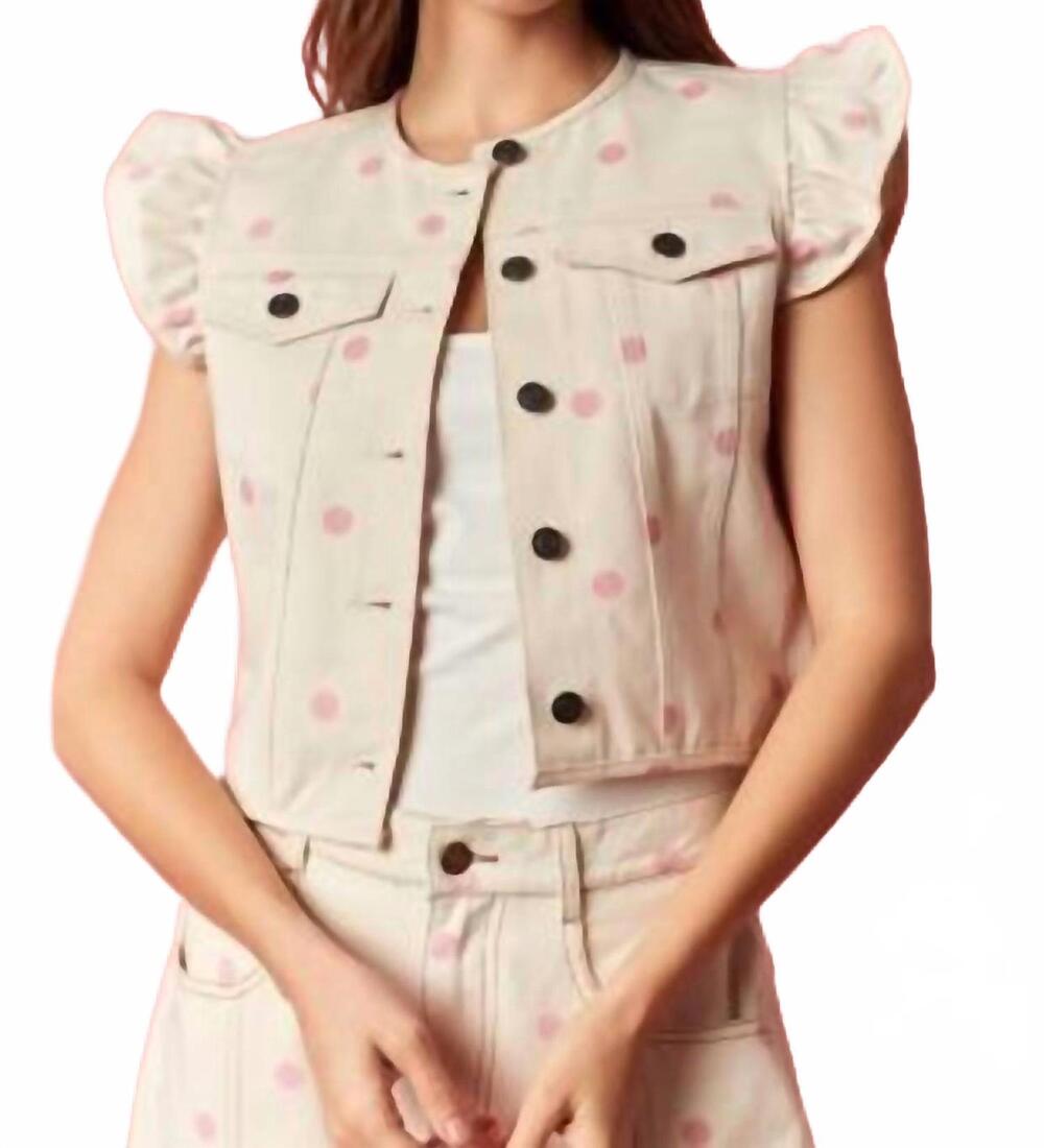 NEW PEACH LOVE polka dot twill denim cropped vest in cream / pink dots
